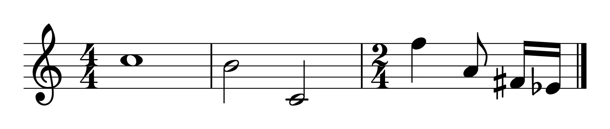 Pentagrama con clave de sol, compases, figuras musicales, sostenido, bemol y doble barra final.