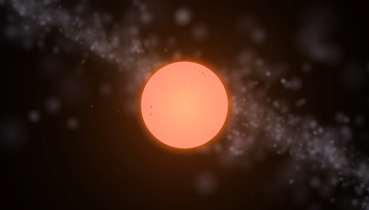 Representación de la supergigante roja VX Sagittarii rodeada por material expulsado.