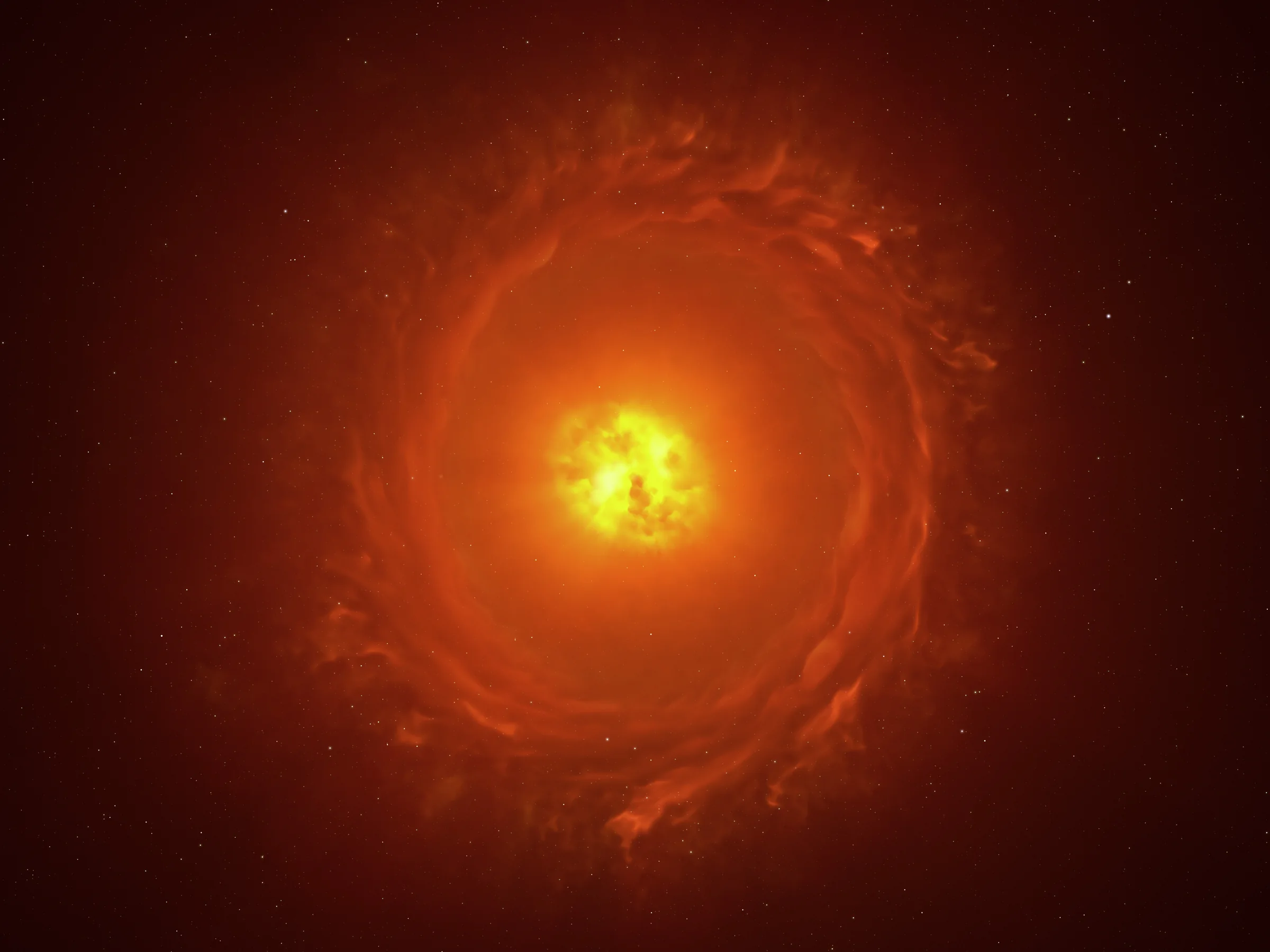 Reconstrucción de la supergigante roja WOH G64 rodeada por un amplio envoltorio de gas y polvo.